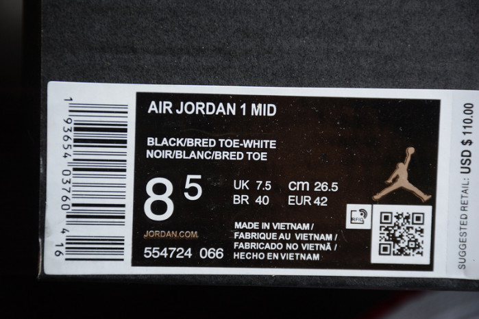 air jordan 1 mid bred toe 554724-066